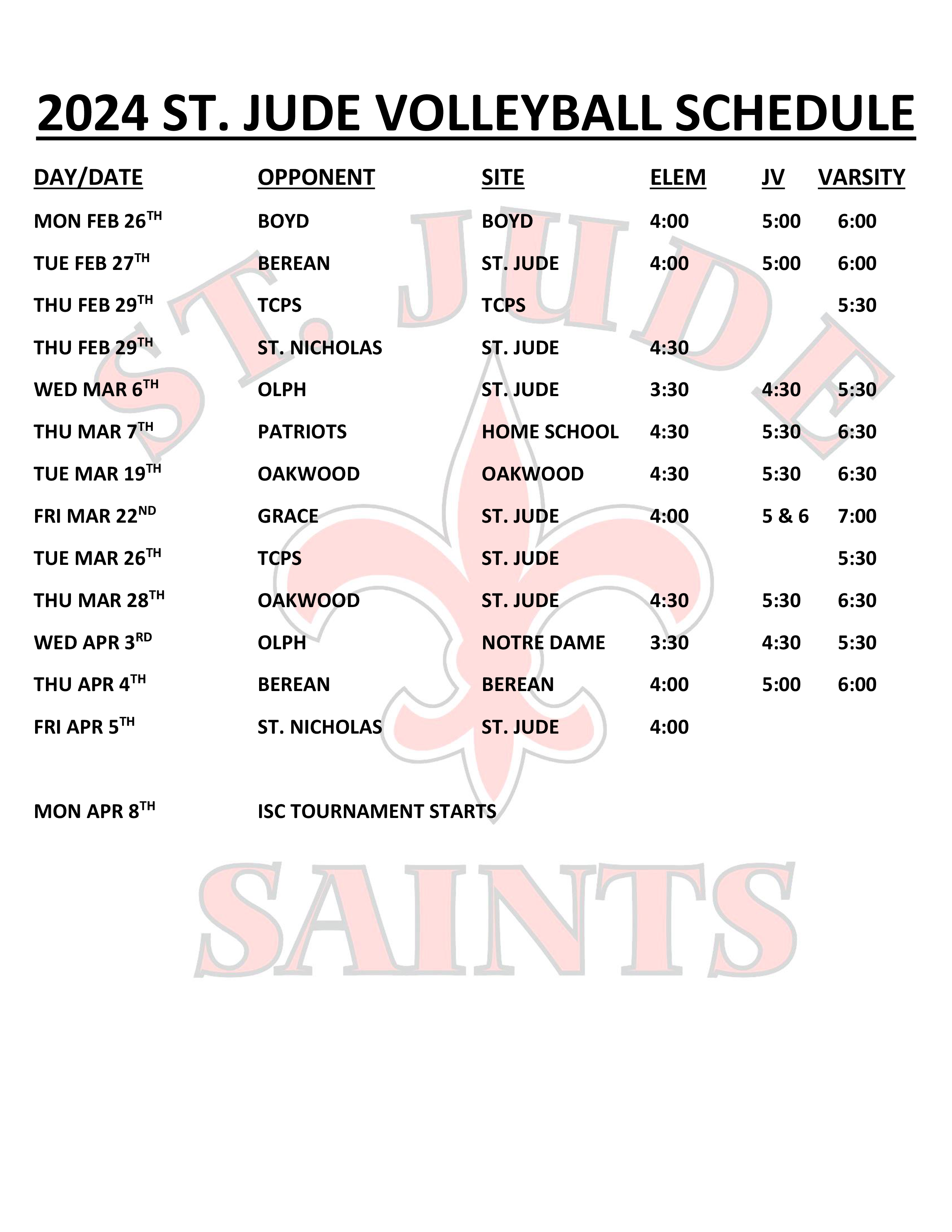 Sports Calendars St Jude Elementary School